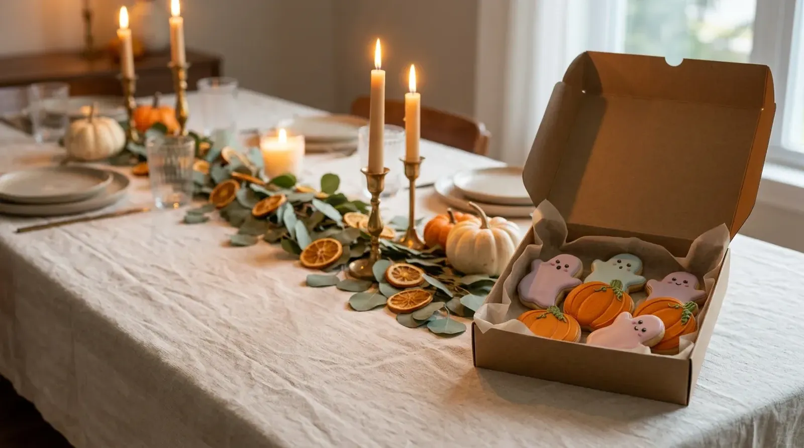 Ghost and pumpkin cookie box on a linen dinner table with taper candles and eucalyptus