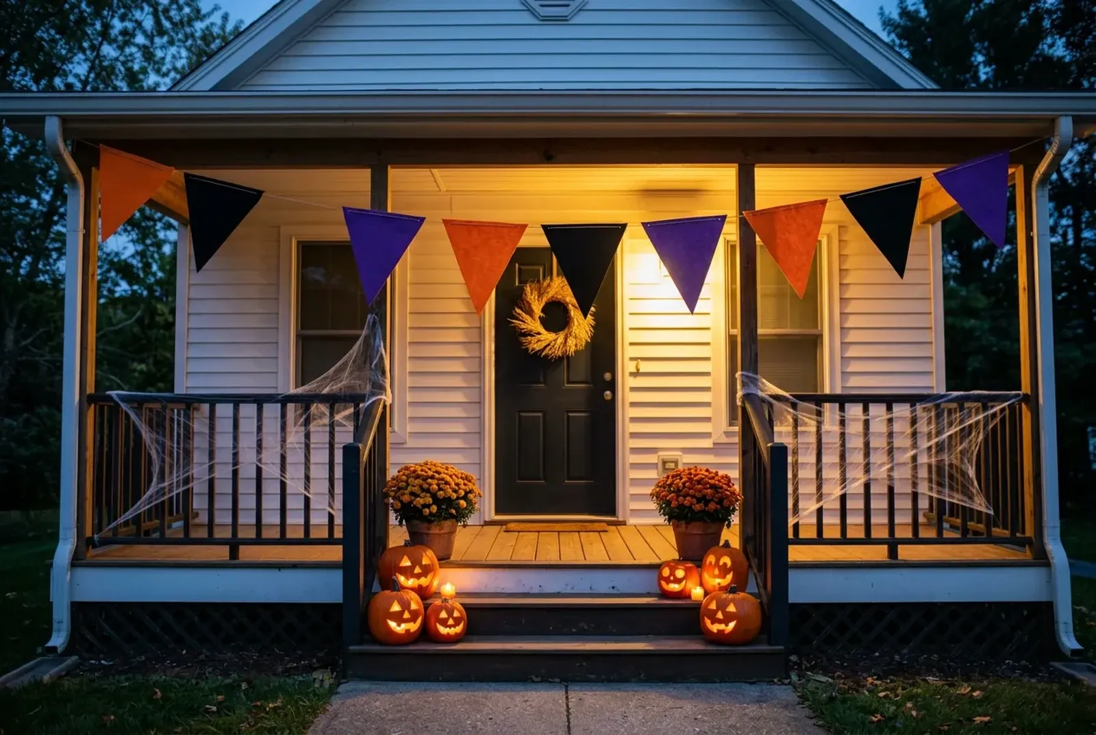 Front porch at dusk with an orange and purple Halloween pennant banner and glowing jack-o'-lanterns