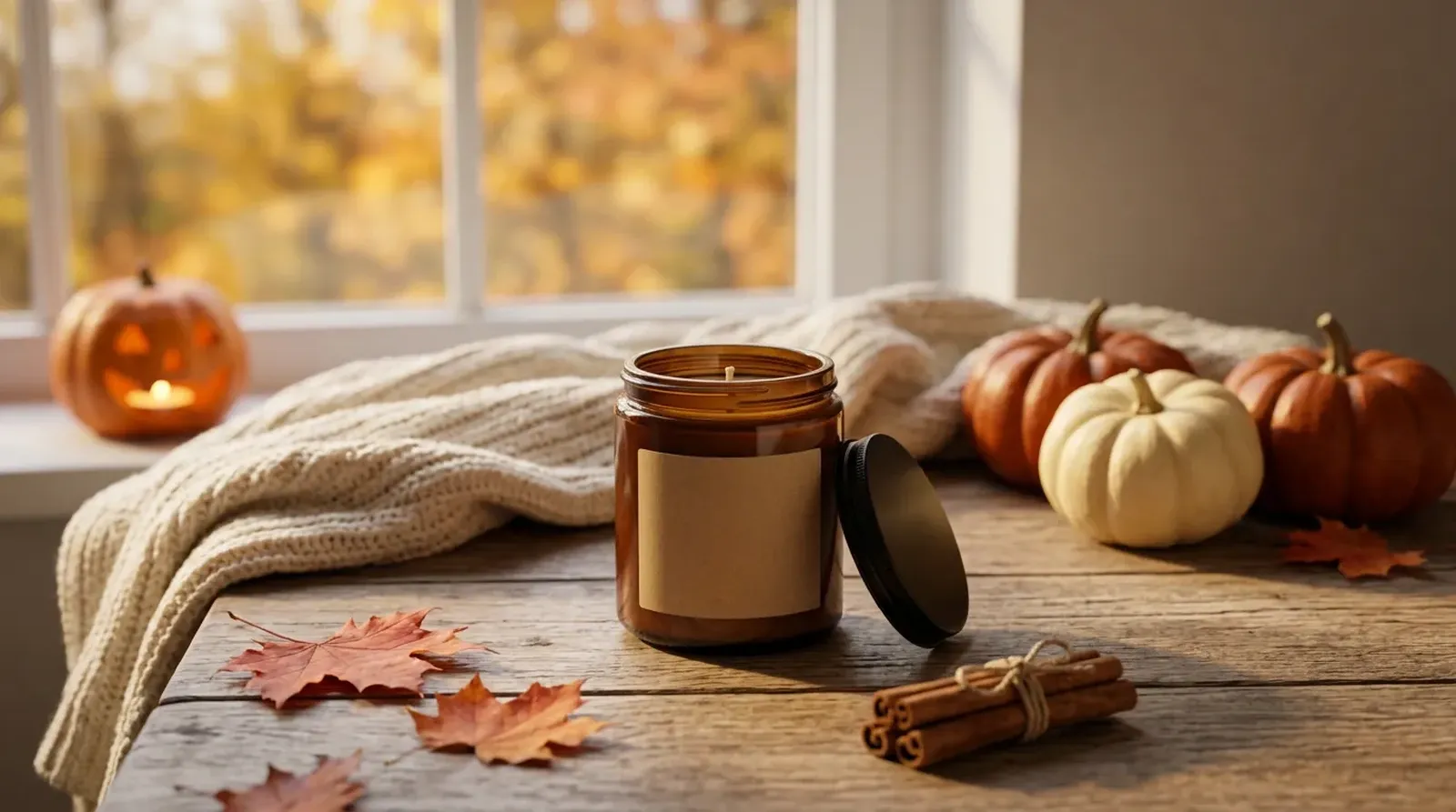Crowded scene: candle jar buried in knit throw, pumpkins and leaves, no space for a headline