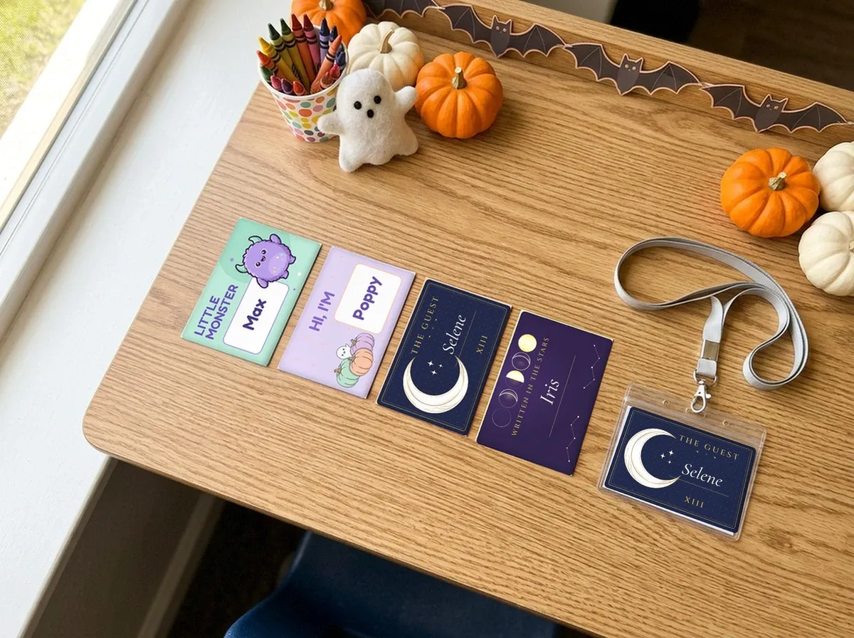 Pastel classroom name labels and navy moon badges on a school desk with pumpkins