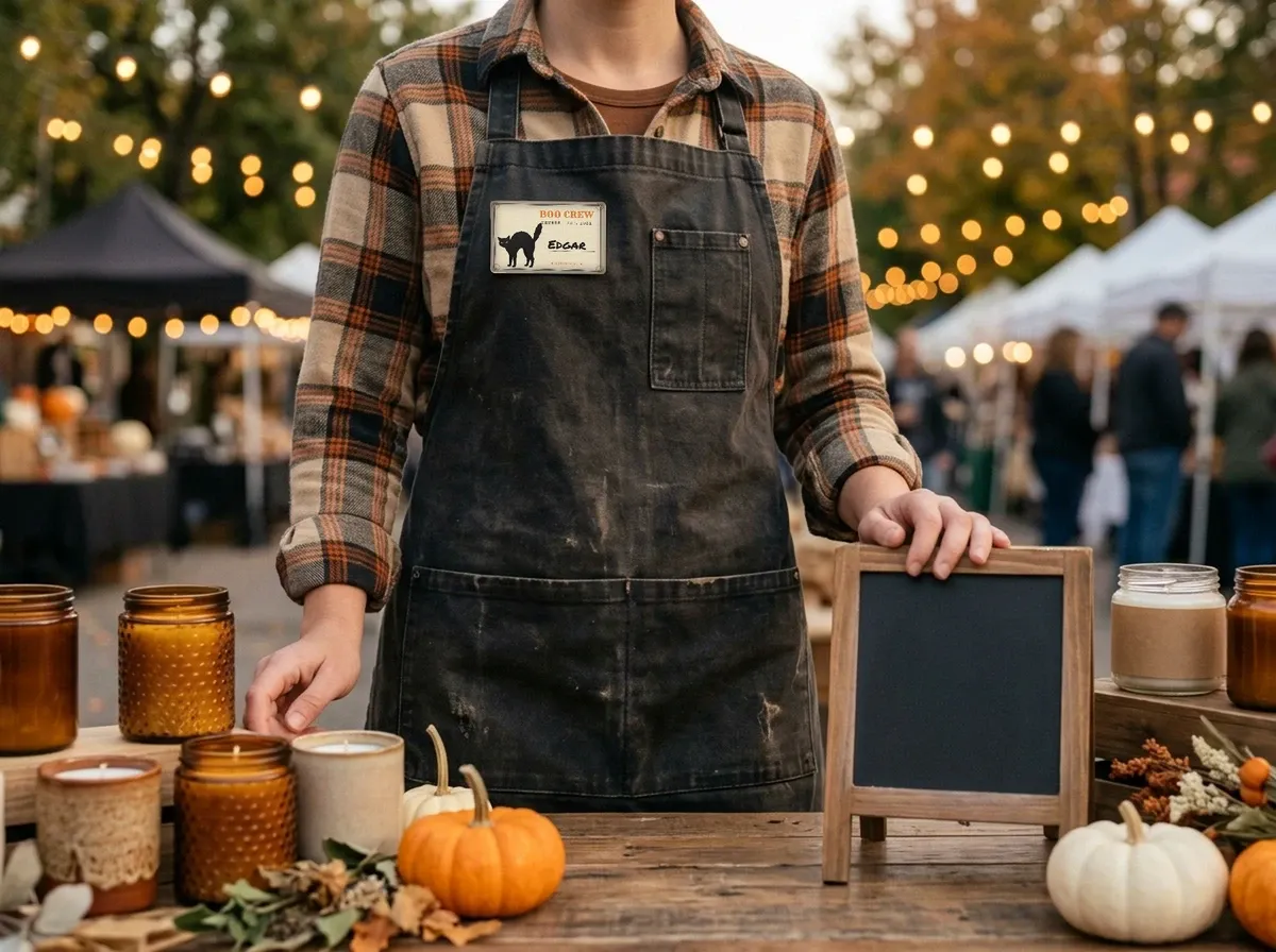 Market-stall seller in a plaid apron wearing a Boo crew black-cat name tag