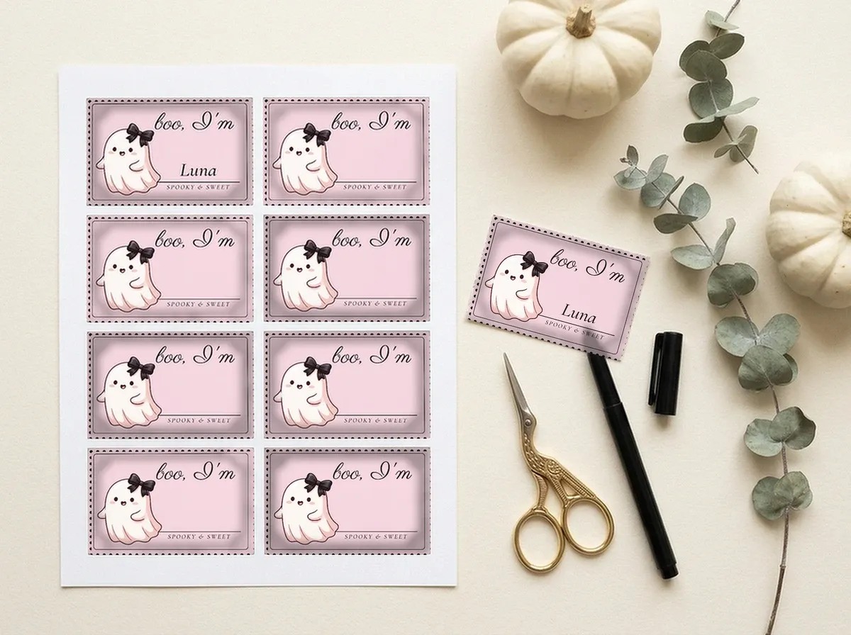 Printed sheet of 8 pink boo, I'm ghost name tags beside a cut badge and scissors