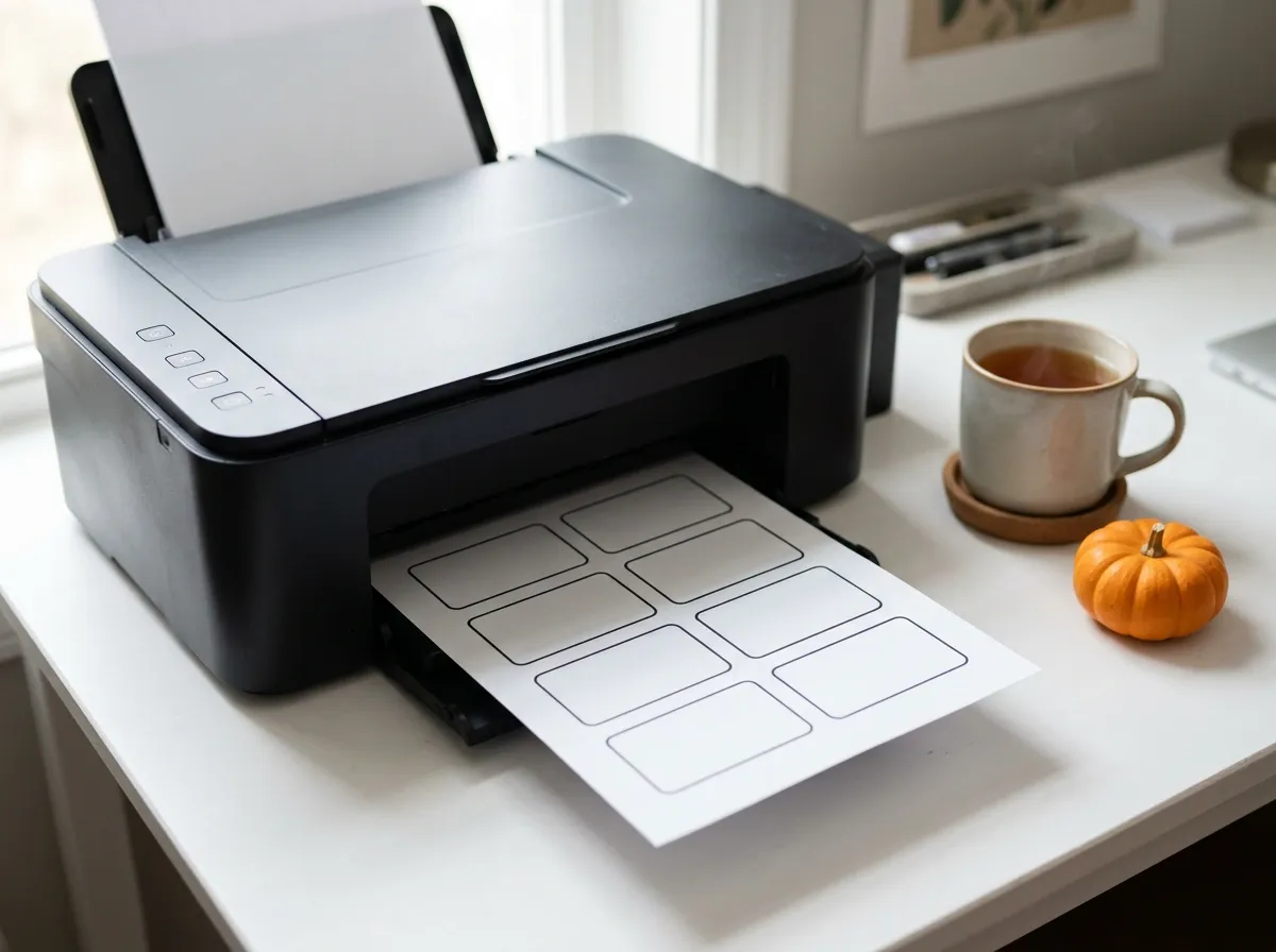 Home printer feeding out a sheet of 8 blank Halloween badge outlines beside a pumpkin