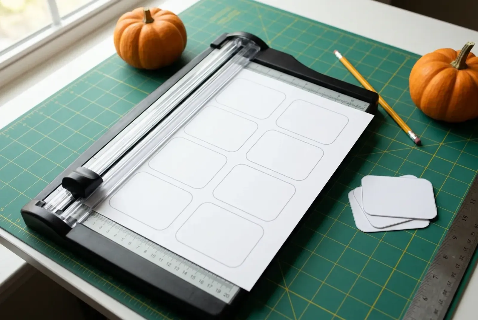 Paper trimmer cutting a sheet of 8 blank name badge outlines on a green mat