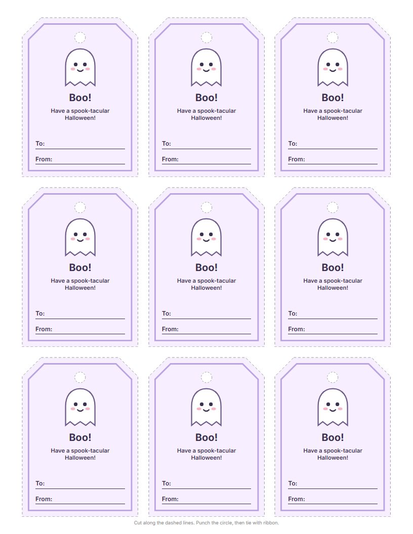 Sheet of nine pastel ghost Halloween gift tags for treat bags