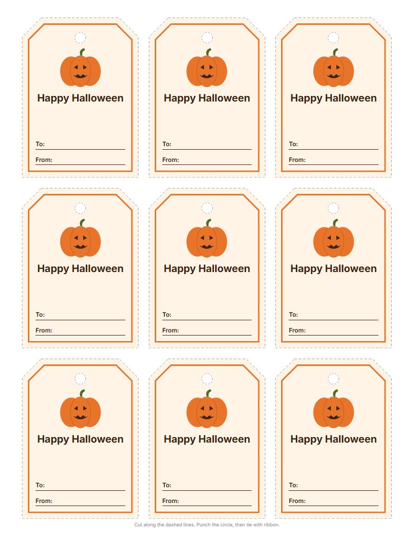 Sheet of nine pumpkin Halloween gift tags with To and From lines