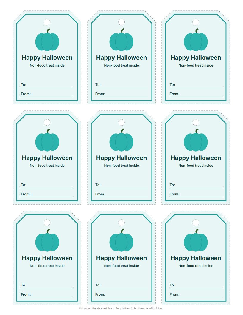 Sheet of nine teal pumpkin gift tags marked Non-food treat inside