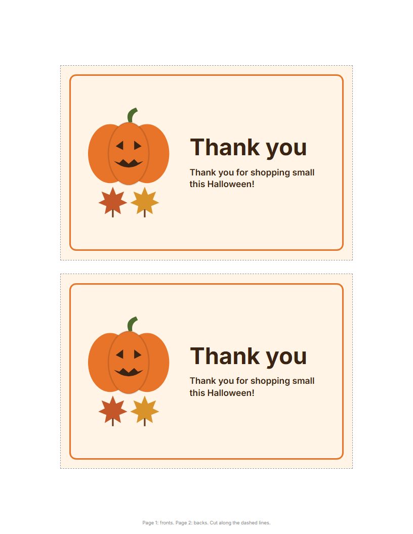 Two pumpkin patch Halloween thank you cards on a Letter sheet