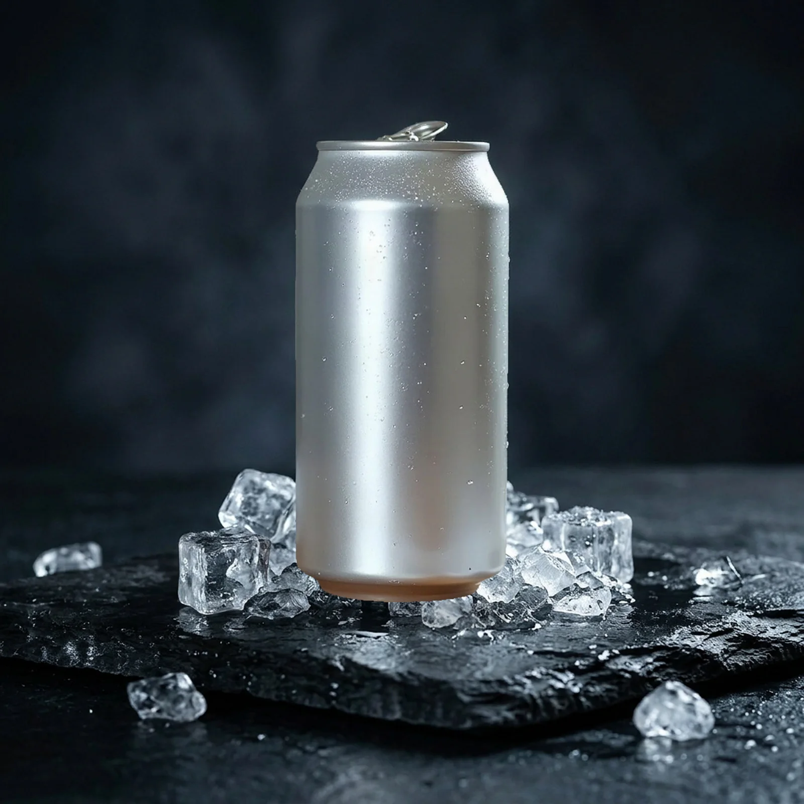 after: unbranded silver beverage can on ice and dark stone