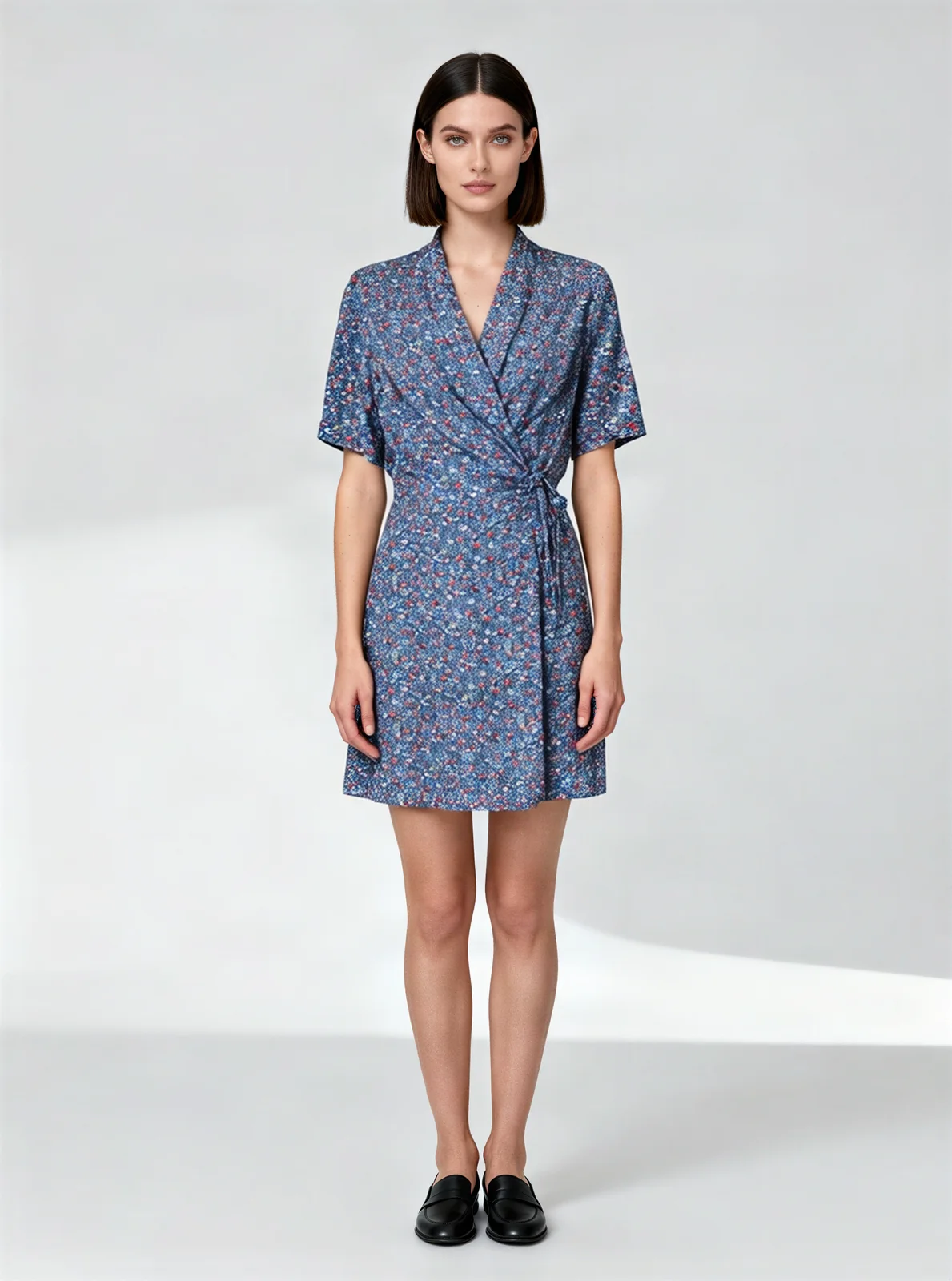 after: the same patterned dress on an AI-generated model