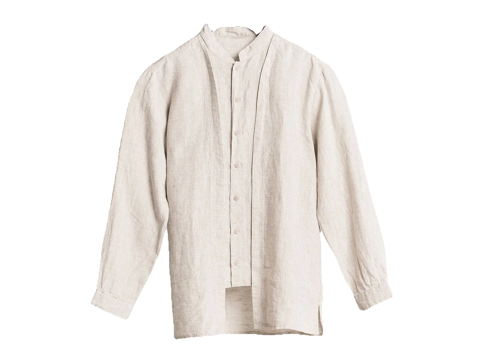 The beige linen shirt in a landscape frame with space around both sleeves and hem