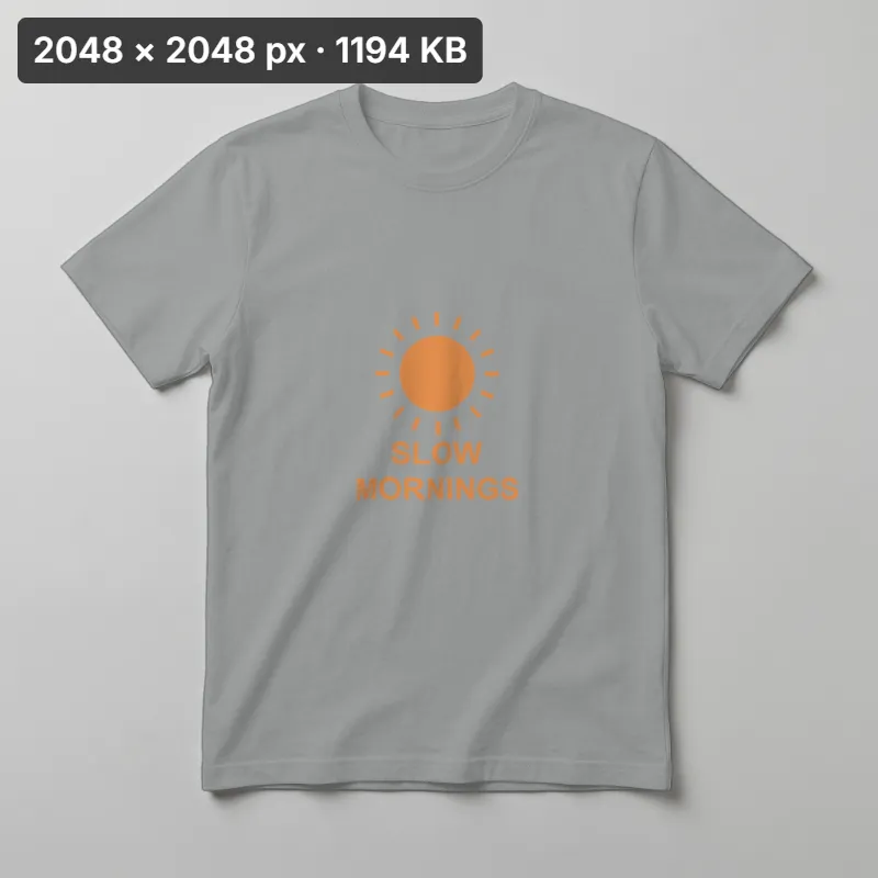 Heather gray T-shirt with an orange SLOW MORNINGS sun print, original JPG: 2048 × 2048 px, 1194 KB