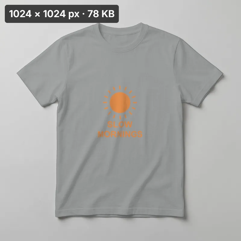 Heather gray T-shirt with an orange SLOW MORNINGS sun print, resized to 1024 px wide with aspect ratio locked: 1024 × 1024 px, 78 KB