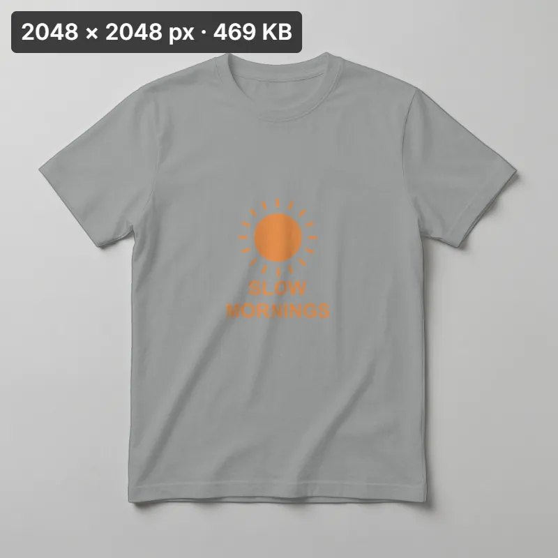 Heather gray T-shirt with an orange SLOW MORNINGS sun print, turned upright with Rotate right: 2048 × 2048 px, 469 KB
