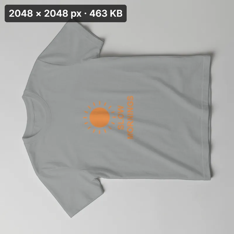 Heather gray T-shirt with an orange SLOW MORNINGS sun print, sideways copy lying on its side: 2048 × 2048 px, 463 KB