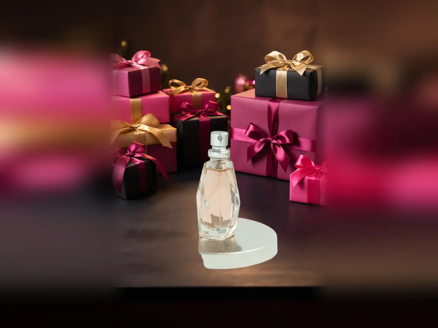 Perfume bottle on a white riser in front of pink and gold gift boxes