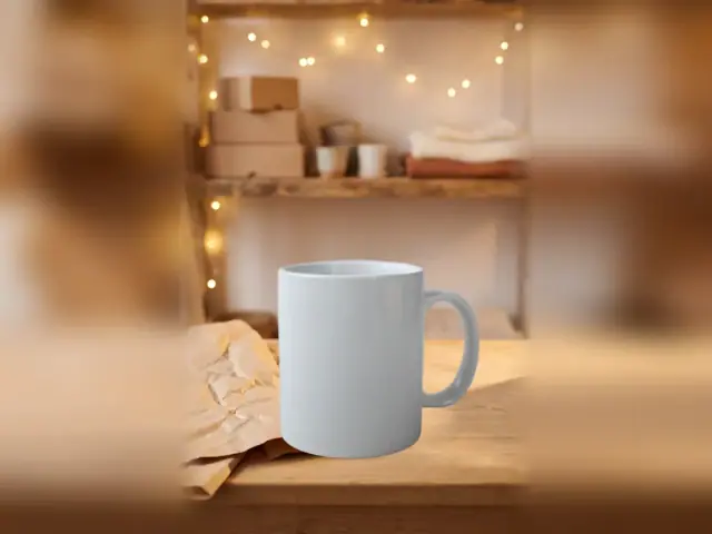 White ceramic mug on a wooden shop counter with kraft paper and string lights