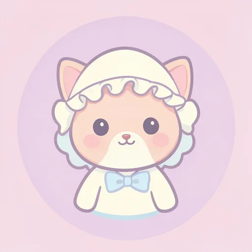 Apricot kitten wearing a ruffled cream bonnet on a pale pink background