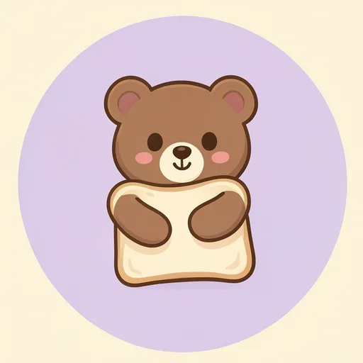 Small brown bear hugging a toast-shaped pillow against a warm cream background