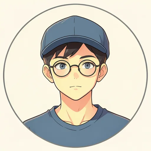 Original anime-style boy with round glasses and a blue cap on pale yellow