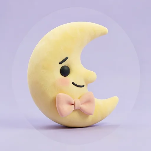 Butter yellow crescent moon wearing a peach bow on a pale lilac background