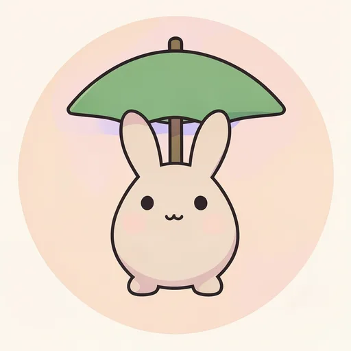 Round beige bunny beneath a broad leaf umbrella on a pale peach background