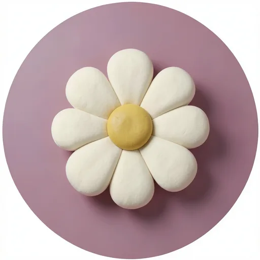Cream daisy-shaped cushion with a golden center against a dusty rose background