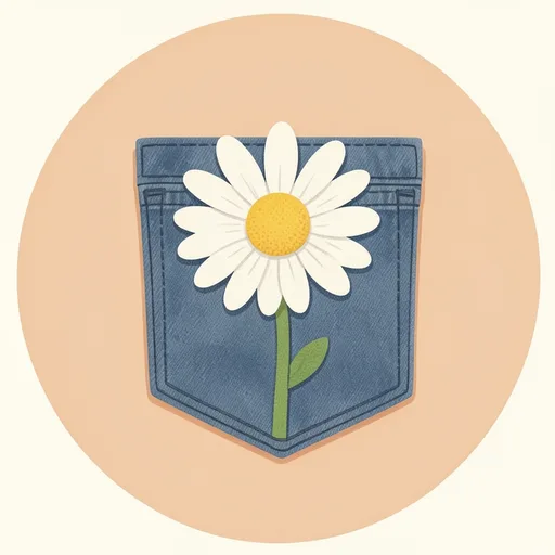 Soft denim pocket holding a large white daisy against a warm beige background