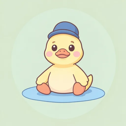Yellow duckling sitting in a blue puddle with a pale green background