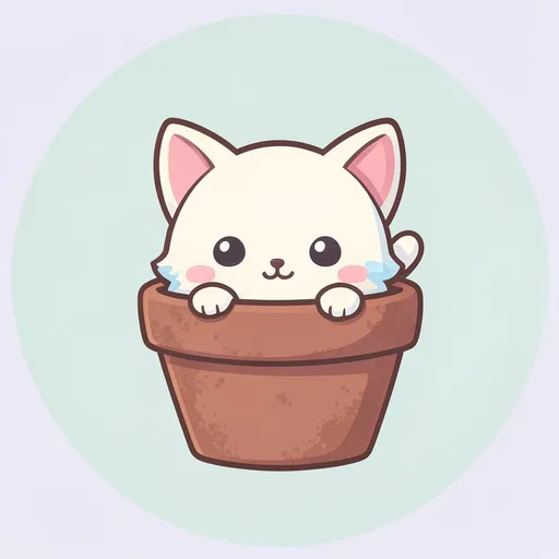 Cream kitten peeking from a terracotta flowerpot against a pale mint background