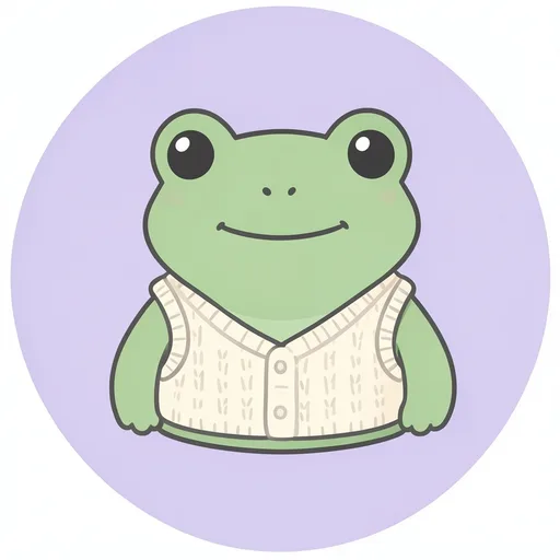 Round green frog wearing a cream knitted vest against a soft lilac background