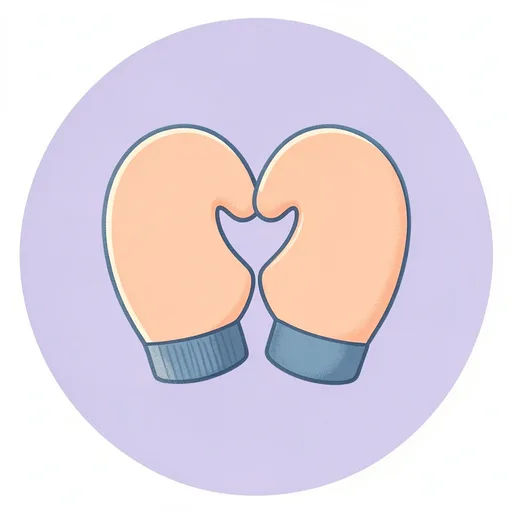 Pair of peach mittens arranged into a heart against a pale lavender background