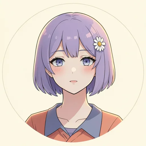 Original anime-style girl with a lilac bob and daisy hair clip on cream