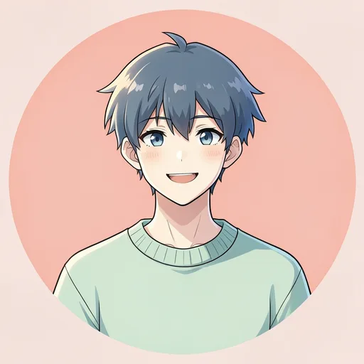 Original anime-style boy in a mint sweater smiling against a soft pink background