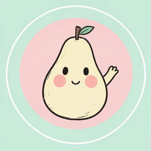 Hand-drawn pear waving a tiny arm with rosy cheeks on a mint background
