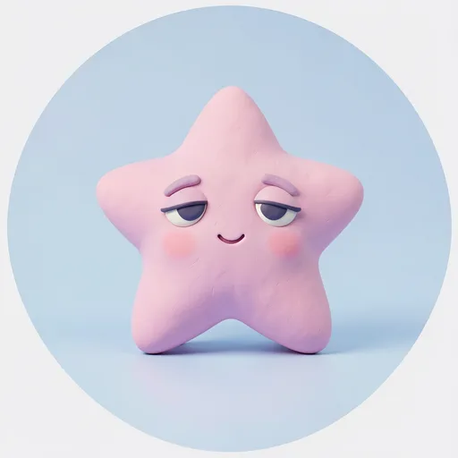 Plush pink star with sleepy eyes resting against a light sky blue background