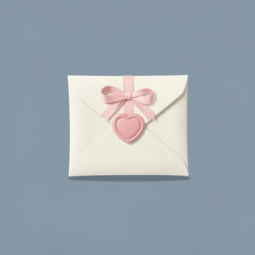 Pink ribbon around a cream envelope with a heart seal on dusty blue
