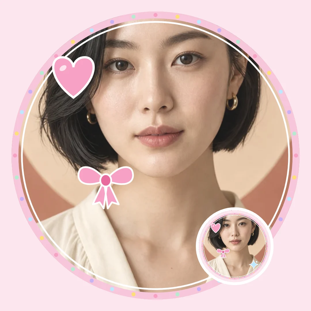 Selfie in a cute PFP frame with pastel dots, a pink heart and bow