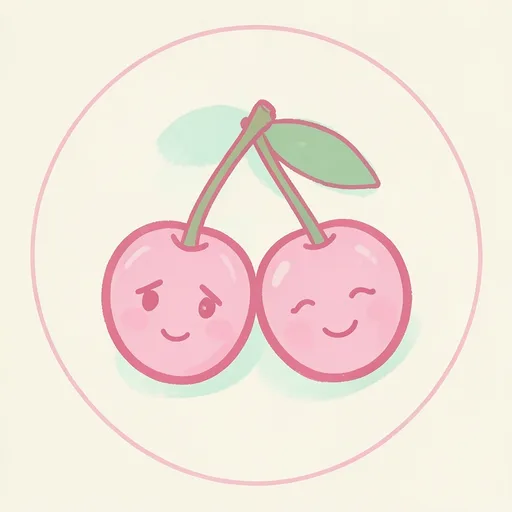 Hand-drawn cherry pair with shy smiles and thick pink outlines on cream