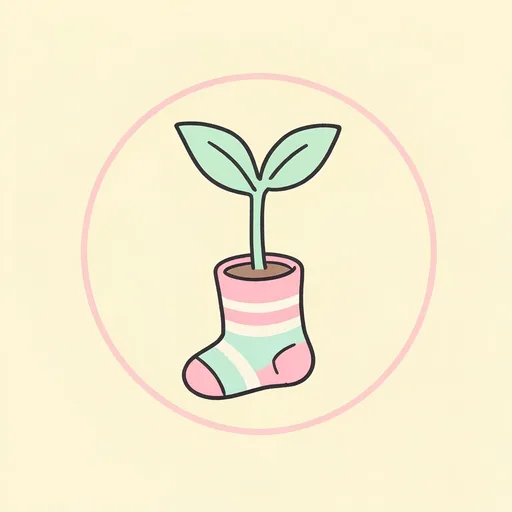 Hand-drawn sprout growing from a striped sock against a pale yellow background