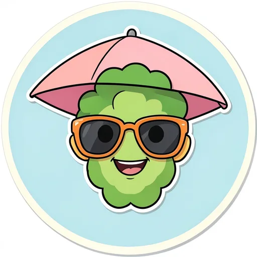 Broccoli character wearing enormous sunglasses with a pink beach umbrella behind it