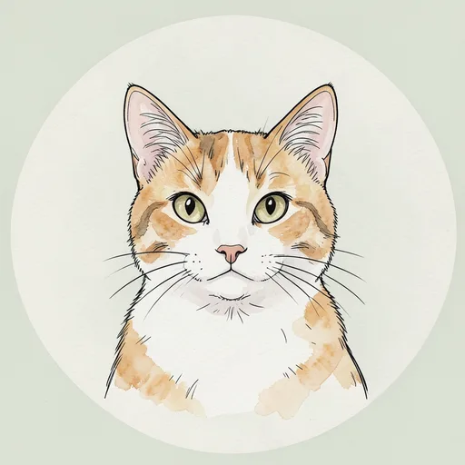 Calico cat drawn with loose black ink lines against a pale sage background