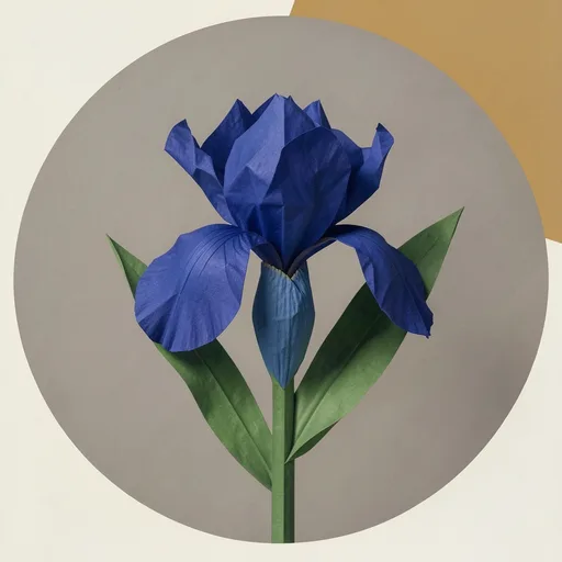 Folded cobalt paper iris with a broad leaf on a warm gray background