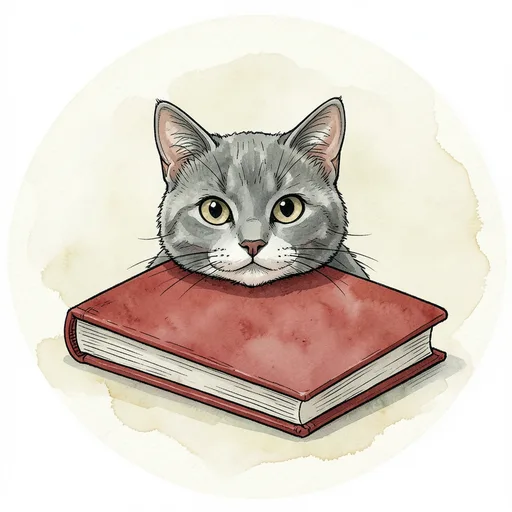 Gray cat peering over a closed red book on a soft cream background