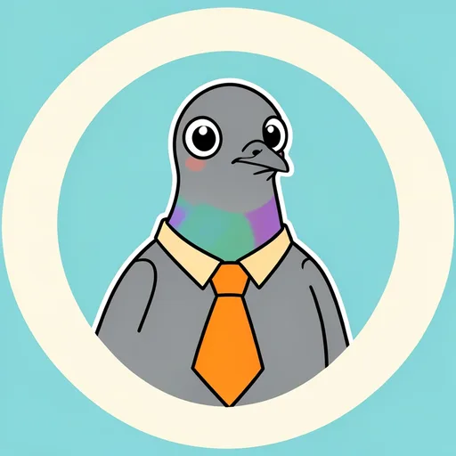 Wide-eyed pigeon wearing an oversized tie against a plain turquoise background