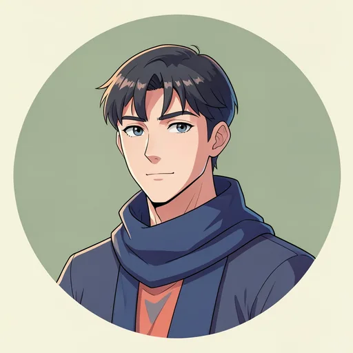 Original anime-style man with an indigo scarf against a muted green background