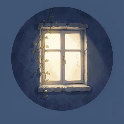 Single glowing apartment window surrounded by indigo walls and a trailing vine