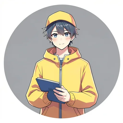 Original anime-style boy in a yellow raincoat holding a sketchbook against gray