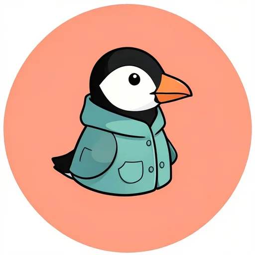 Matching puffin wearing a teal raincoat and facing right on a coral background