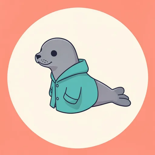 Matching seal wearing a teal raincoat and facing left on a coral background